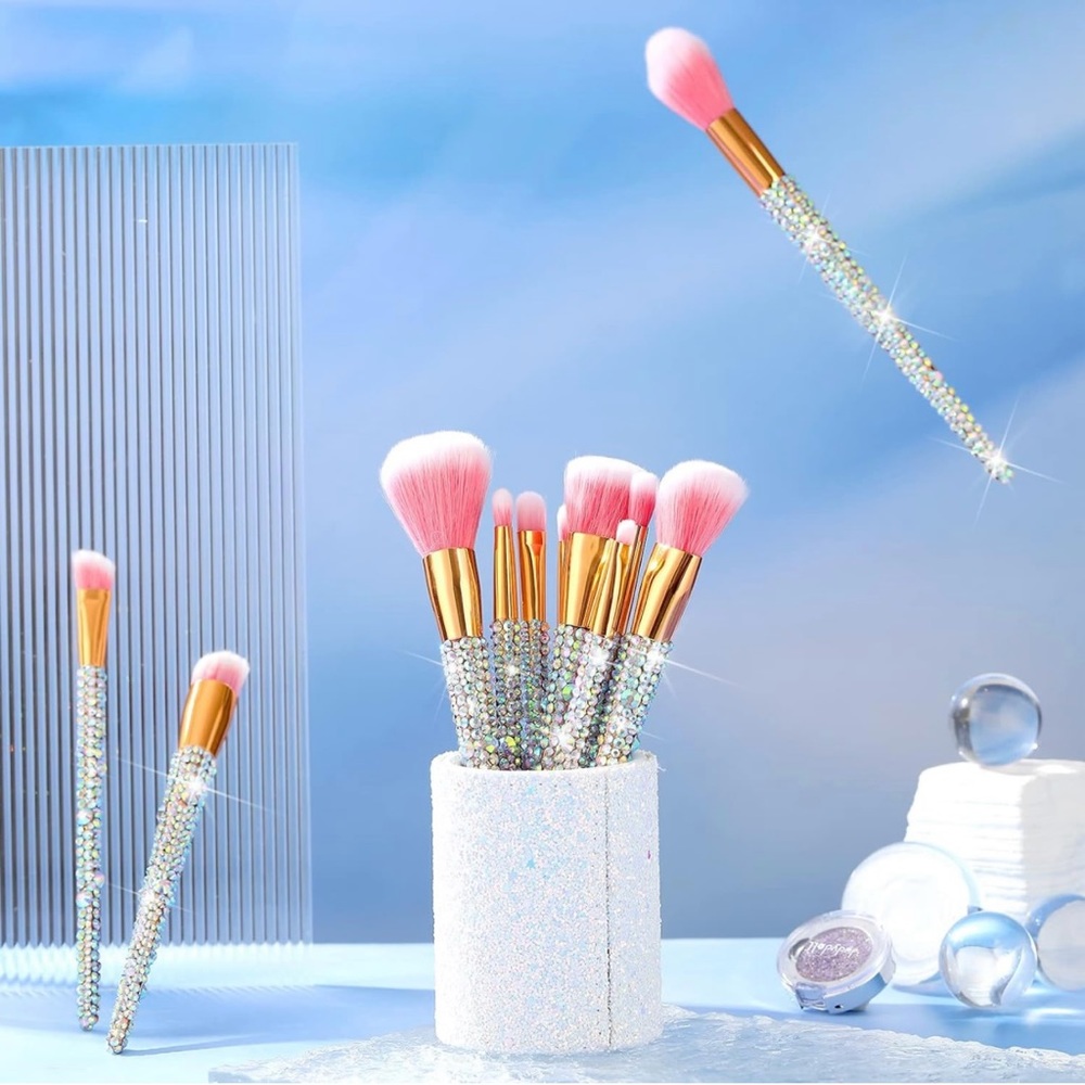 12 Piece Silver Rhinestone Makeup Brush Set + 1 brush holder
